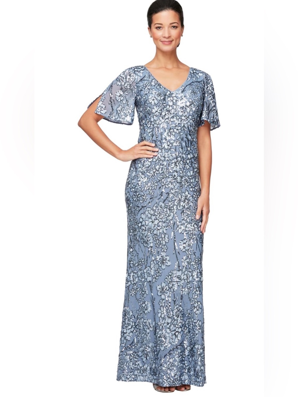 NWT Alex Evenings Dusty Blue Floral Sequin V-Neck Evening Gown, 18